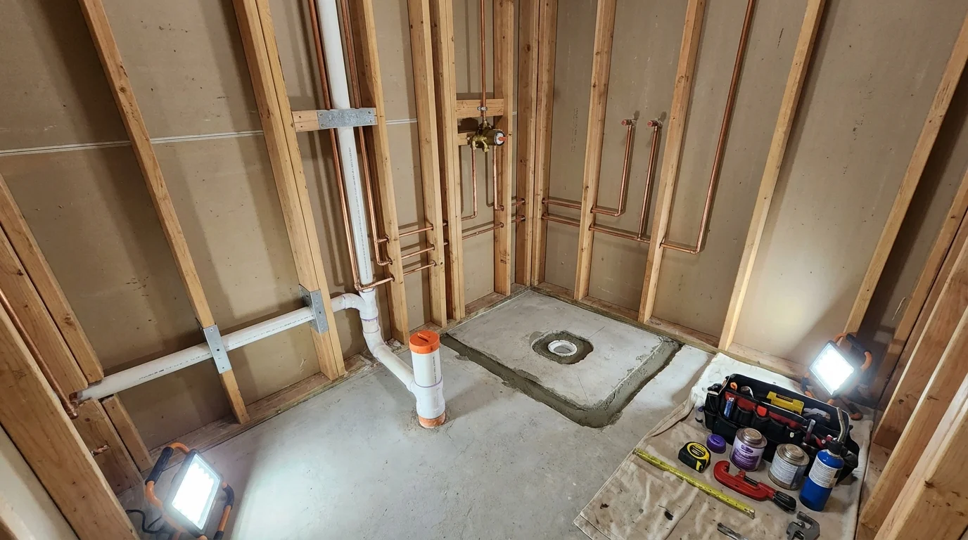 Bathroom rough-in plumbing during remodel by Johns Plumbing LLC in Highland Falls