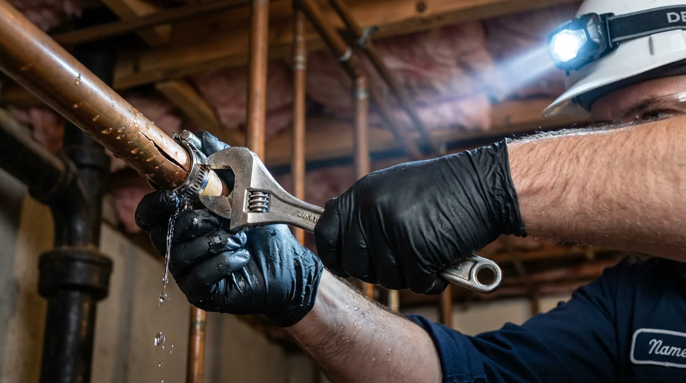 Emergency pipe clamp repair being performed by a Johns Plumbing LLC plumber in Highland Falls
