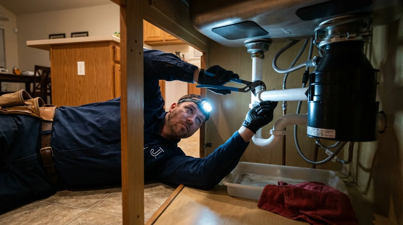 P-trap and supply line connections under a kitchen sink showing a common leak point in Highland Falls, NY